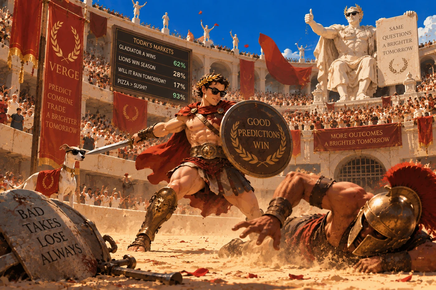 A confident gladiator and his sunglass-wearing dog stand in a sunlit arena.