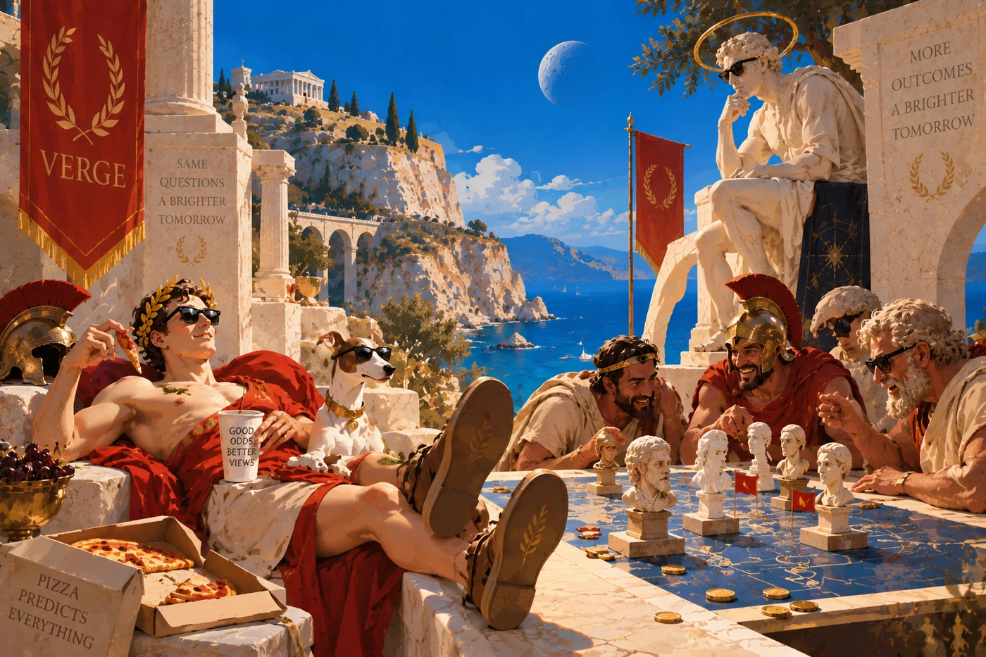 A relaxed Greek figure and his dog watch philosophers and gladiators debate over a strategy table by the sea.