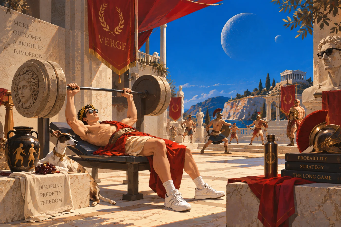 A laurel-crowned man in sunglasses lifts marble weights beside his dog in a Greek courtyard.